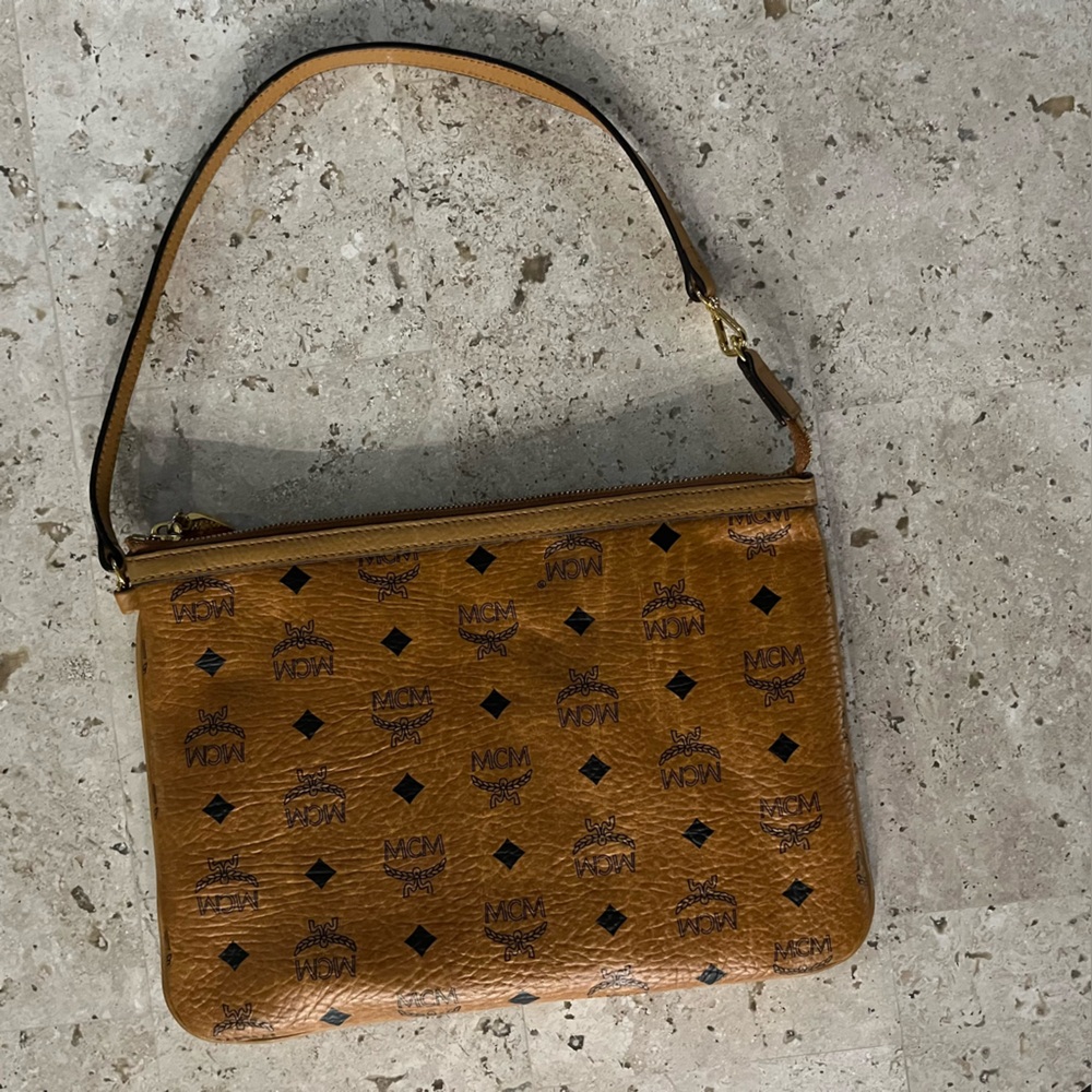 MCM Visetos Cognac Zip Top Pouchette Bag